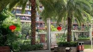 A courtyard with palm trees, red lanterns, and a bench. - Free Space Youth Hostel (Zhanjiang)