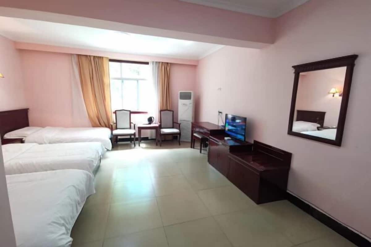 A hotel room with three beds, a desk, a chair, a television, an air conditioning unit, and a mirror.