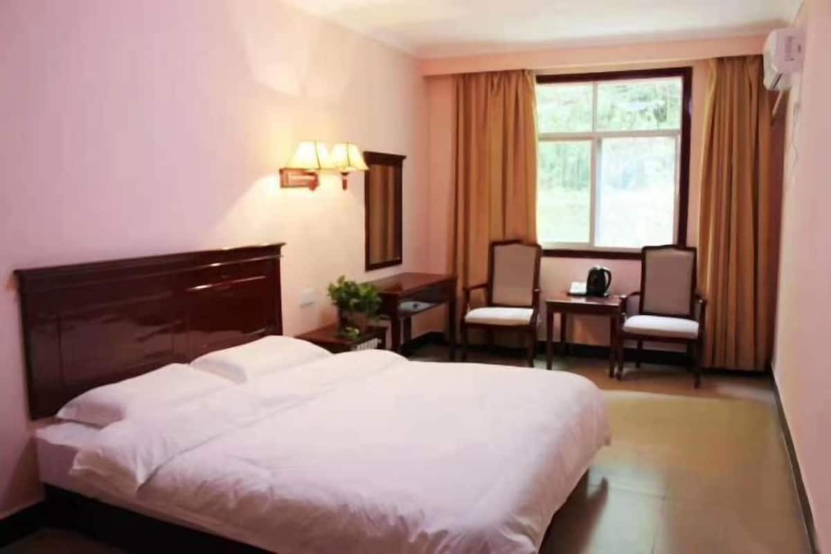 A hotel room with a bed, a desk, two chairs, a window with curtains, and a wall-mounted lamp.