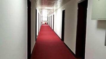 A long, narrow hallway with a red carpet, doors on both sides, and a light fixture on the ceiling.