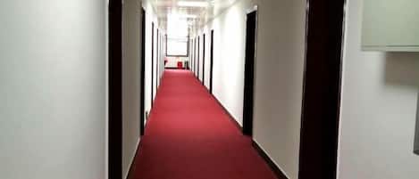 A long, narrow hallway with a red carpet, doors on both sides, and a light fixture on the ceiling.