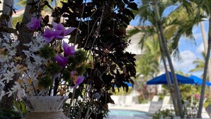 A decorative vase with flowers and a pathway leading to a pool area with palm trees and umbrellas.
