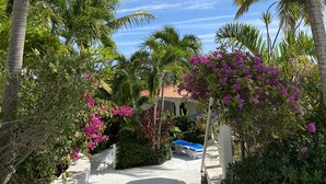 A pathway flanked by palm trees and bougainvillea, leading to a building with a white facade and a red-tiled roof.