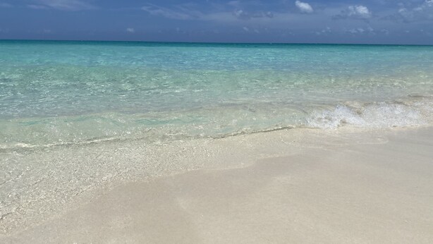 A beach with clear turquoise water and a sandy shore.
