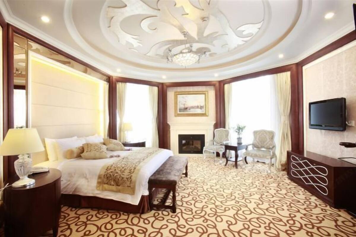 A hotel room with a large bed, a fireplace, a television, and a patterned carpet.