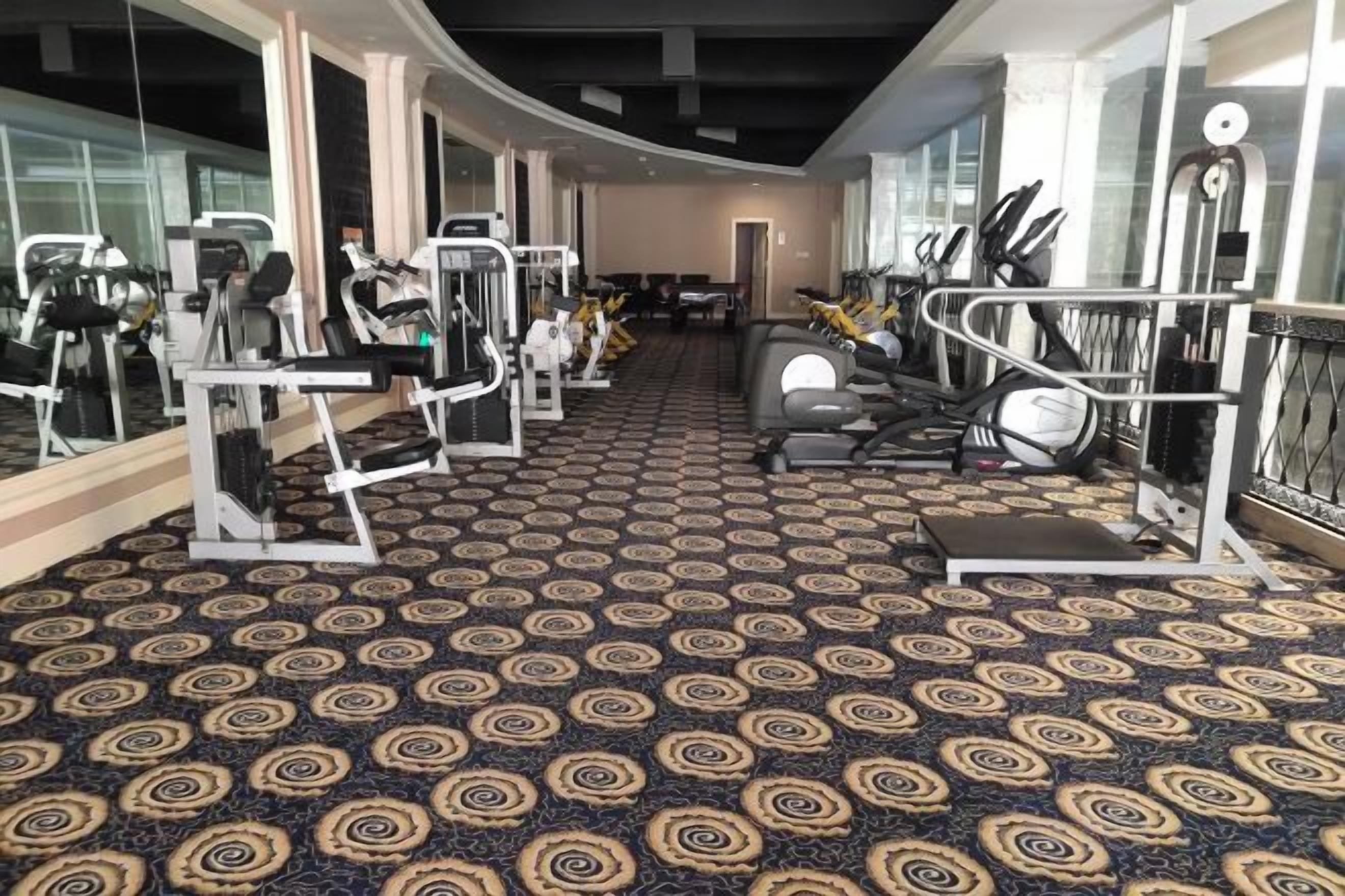 Academia com equipamentos de cardio, máquinas de musculação e carpete estampado.