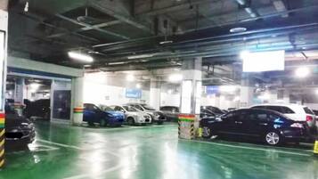 An indoor parking garage with multiple levels, concrete pillars, and a green floor.
