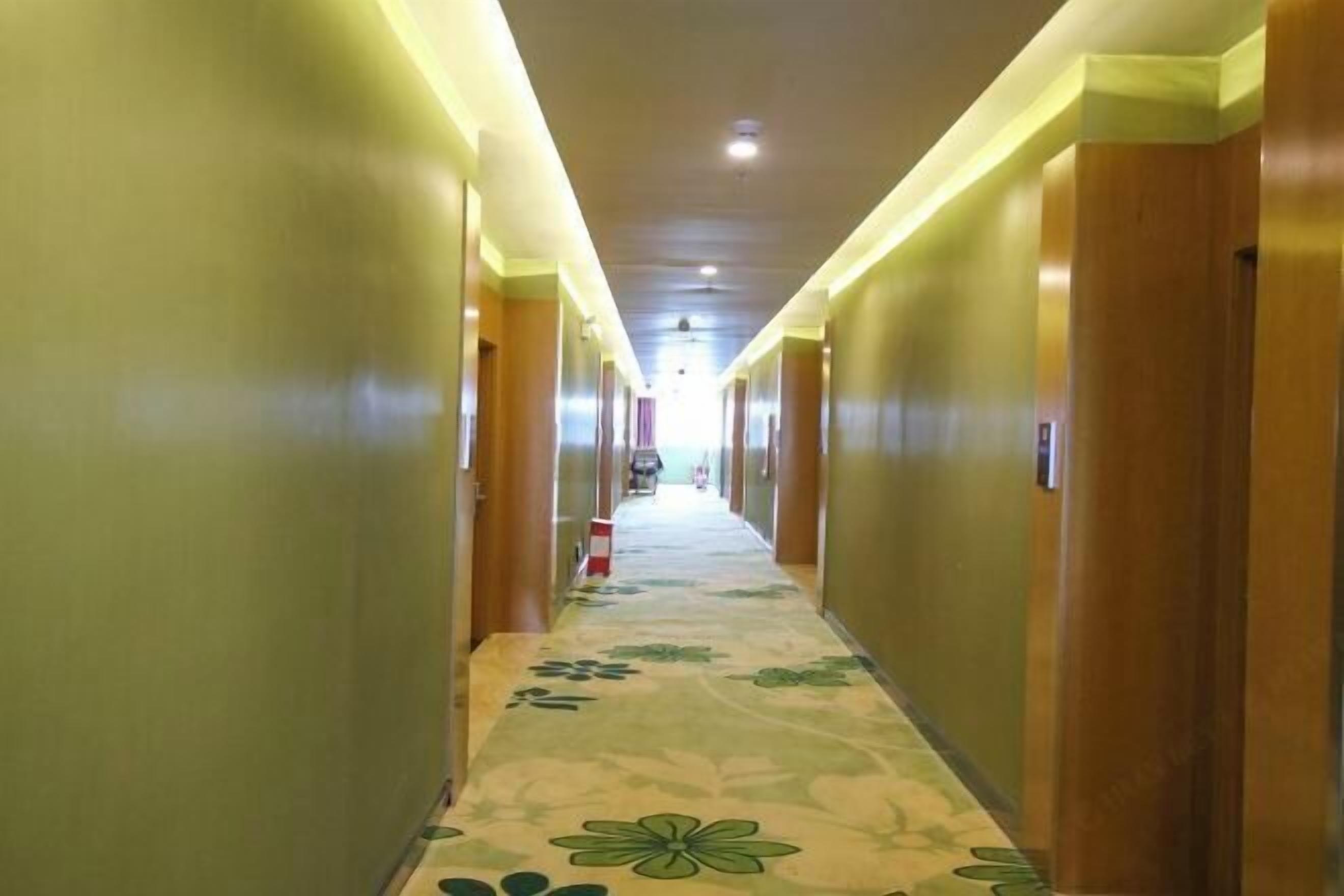 A hotel hallway with a floral carpet, wooden doors, and a lighted ceiling.