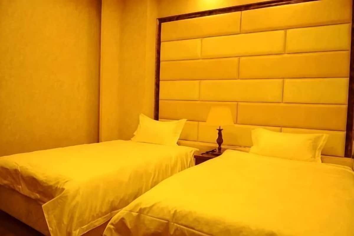 Une chambre d’hôtel avec deux lits, une tête de lit et une table de chevet avec une lampe.