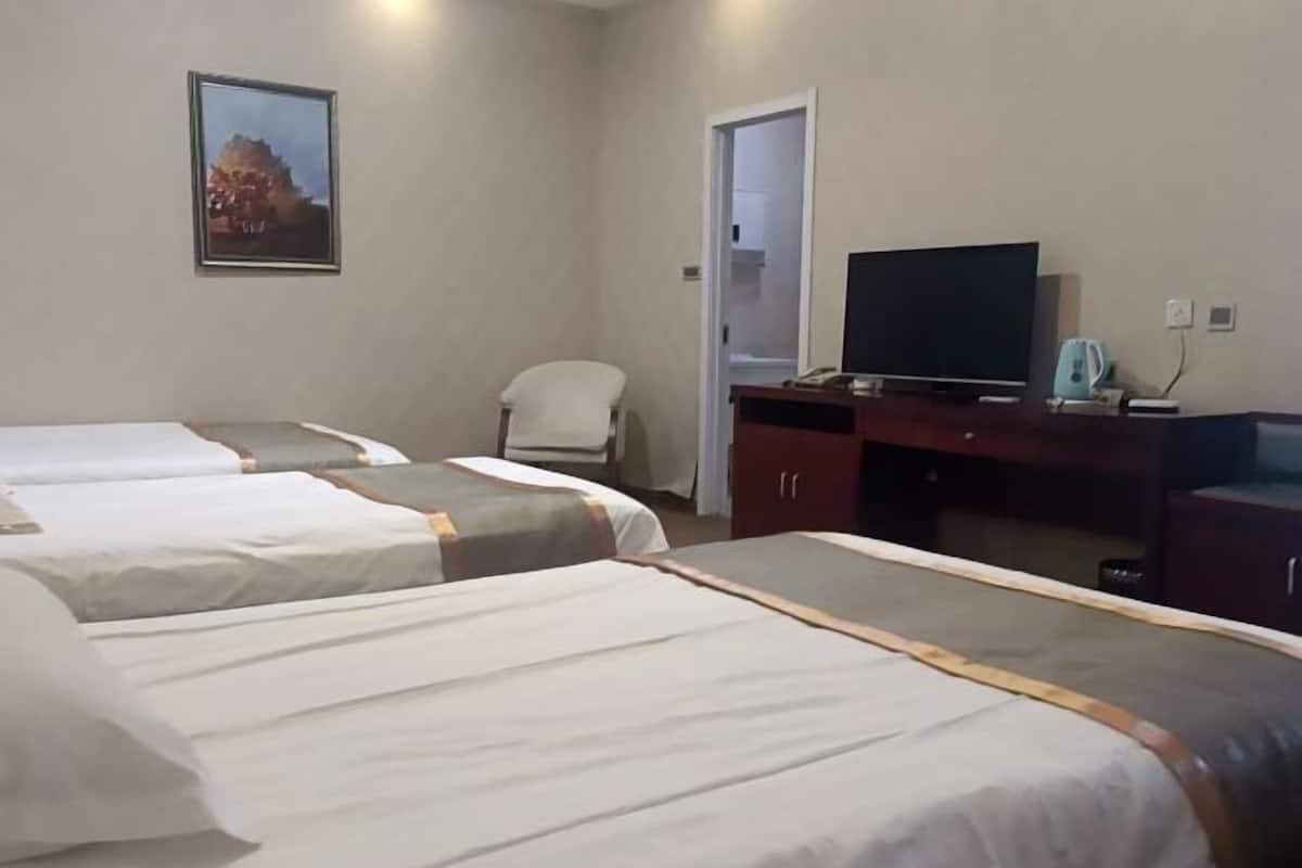 Une chambre d’hôtel avec deux lits, une télévision, un bureau et une chaise.