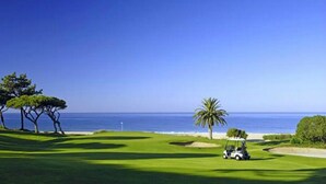 Un campo de golf con vista al océano y un carrito de golf.