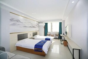 A hotel room with two beds, a desk, a chair, and a large wall painting. - Super 8 Hotel (Hefei Ma'anshan Road Hegongda South Subway Station) (Hefei)