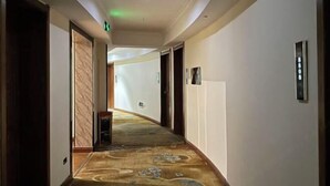 Et hotel med gang, gulvtæppe med mønster, trædøre og en indbygget elevator.