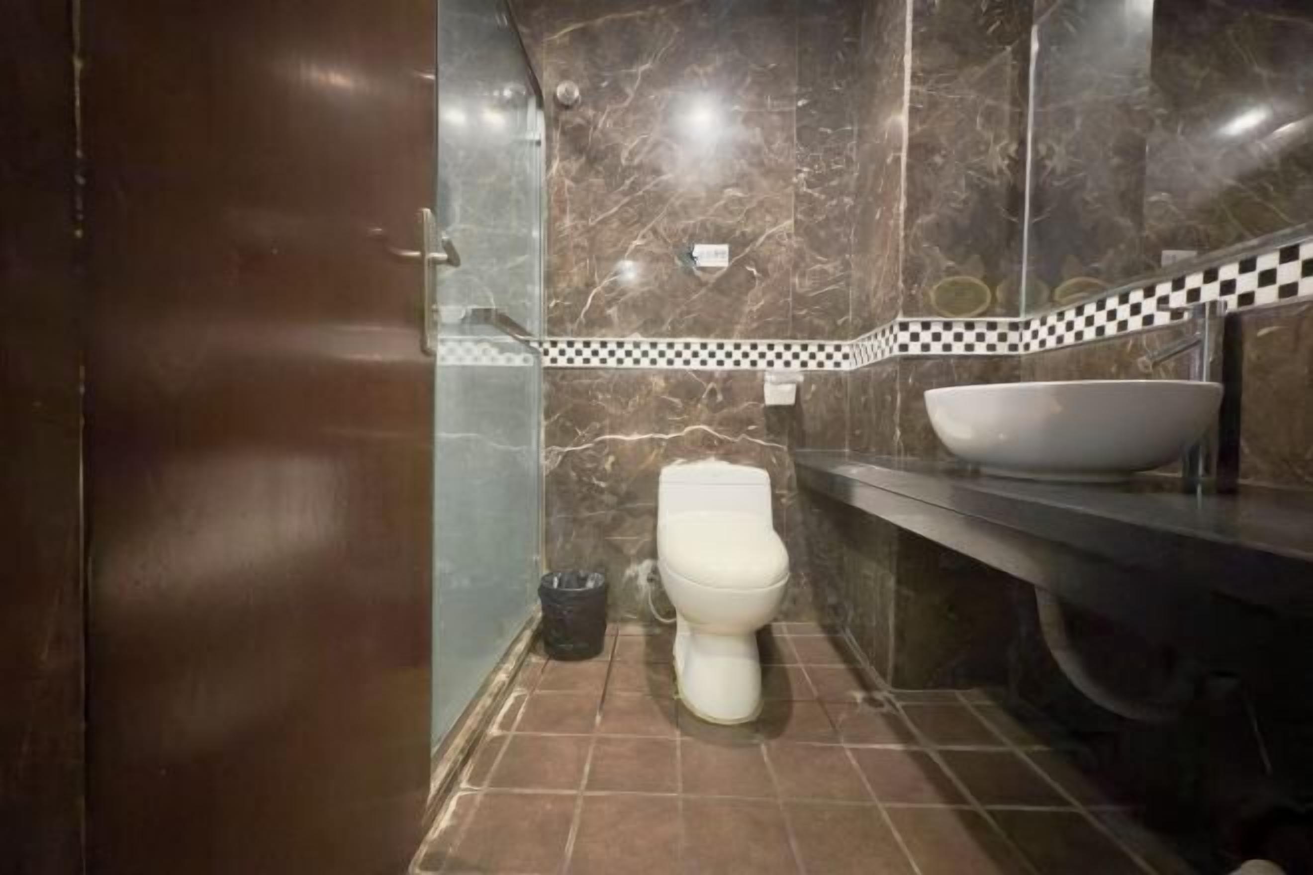 Ein Badezimmer mit Marmorwand, Toilette in Weiß, schwarzem Mülleimer und Waschbecken in Weiß.