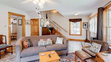 TV, fireplace, books