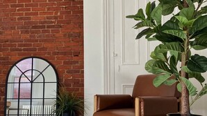 A room with a brick wall, a white door, a brown leather chair, a large potted plant, and a black planter with a tree. - Free Parking•Historic Charmer completely renovated (Pittsburgh)