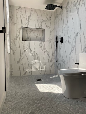 Dusche, Haartrockner, Shampoo, Toilettenpapier
