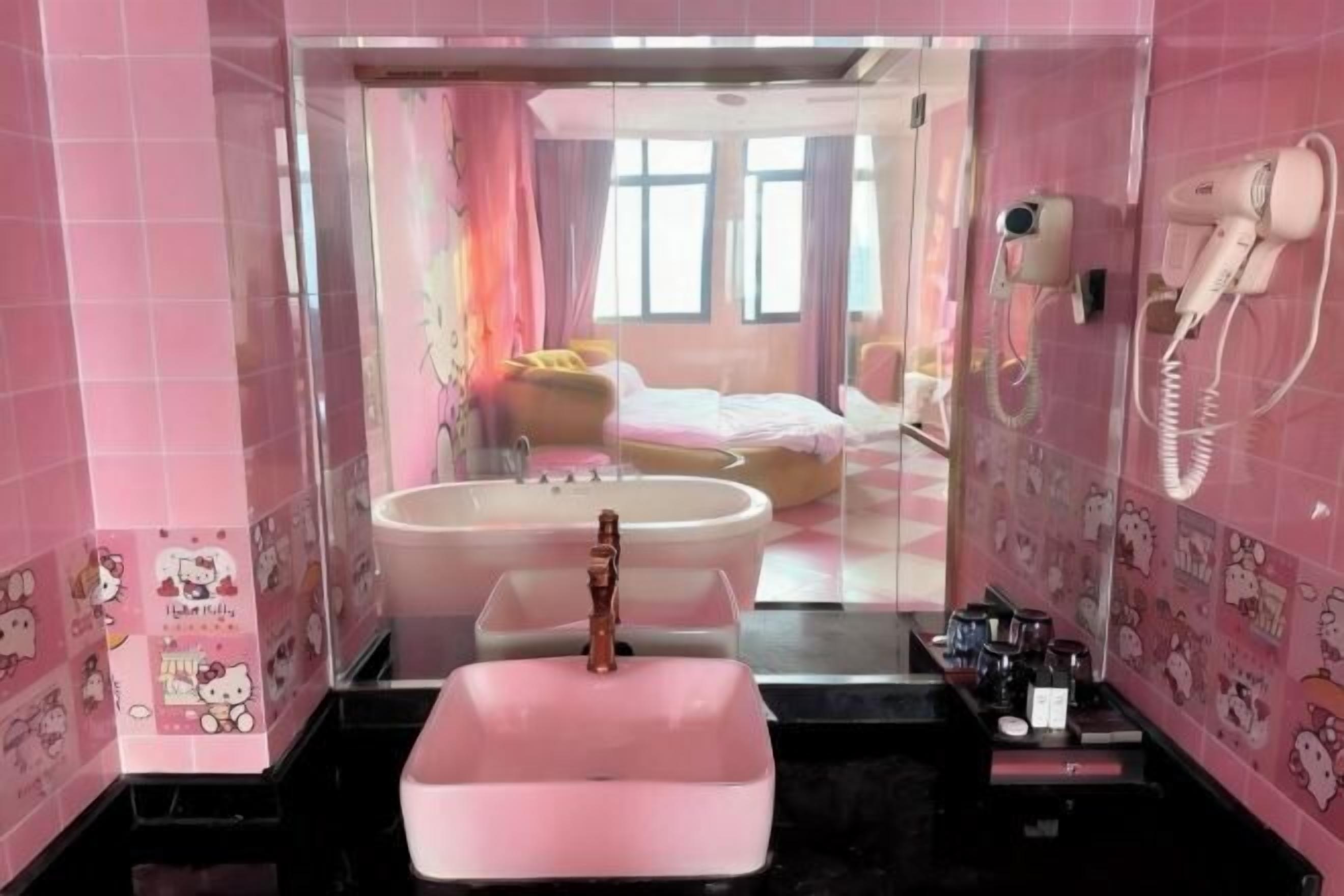 A pink-themed bathroom with a large sink, a hairdryer, and a mirror.