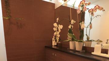 Douche, sĂšche-cheveux, serviettes fournies, savon