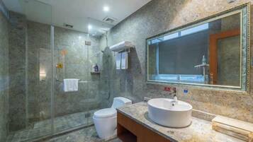A modern bathroom with a glass shower enclosure, a white toilet, a marble countertop, and a large mirror.