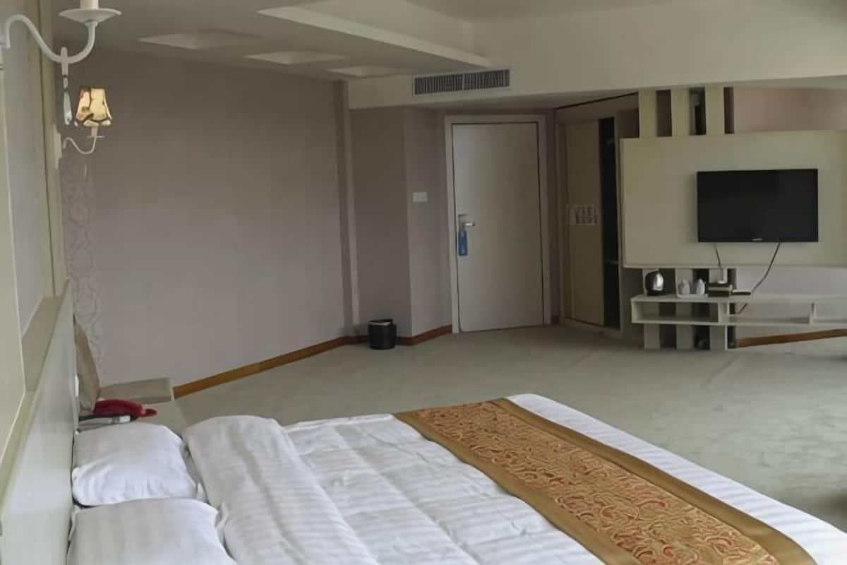 A hotel room with a bed, a television, a door, and a light fixture.