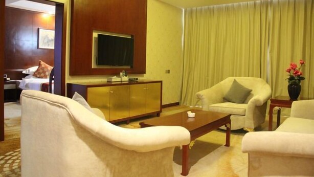 A hotel room with a sofa, armchair, television, and a large window with curtains. - an Ran Hotel (Zhenkang)