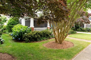 Un quartier résidentiel avec une pelouse bien entretenue, un arbre et une maison dotée d’un porche.