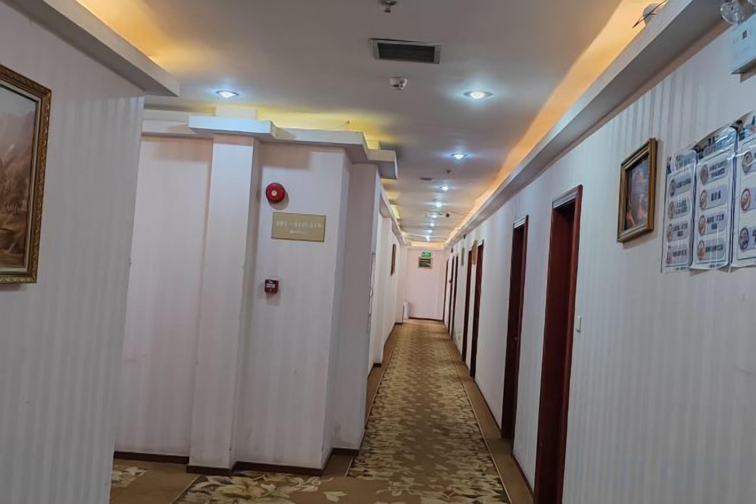 A hotel corridor with doors, a carpeted floor, and ceiling lights.