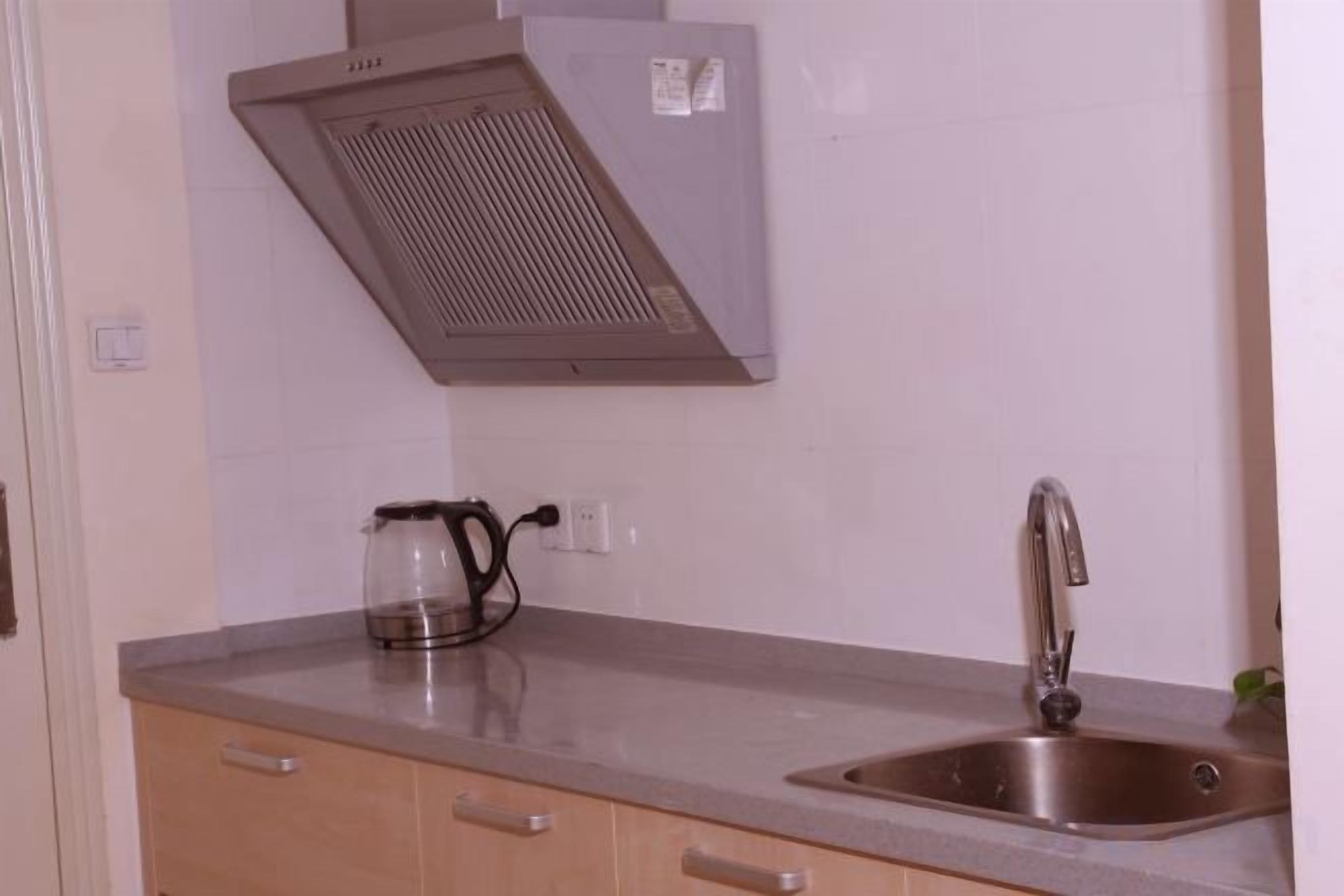 Una cocina con un lavaplatos de acero inoxidable, un hervidor y una campana extractora.