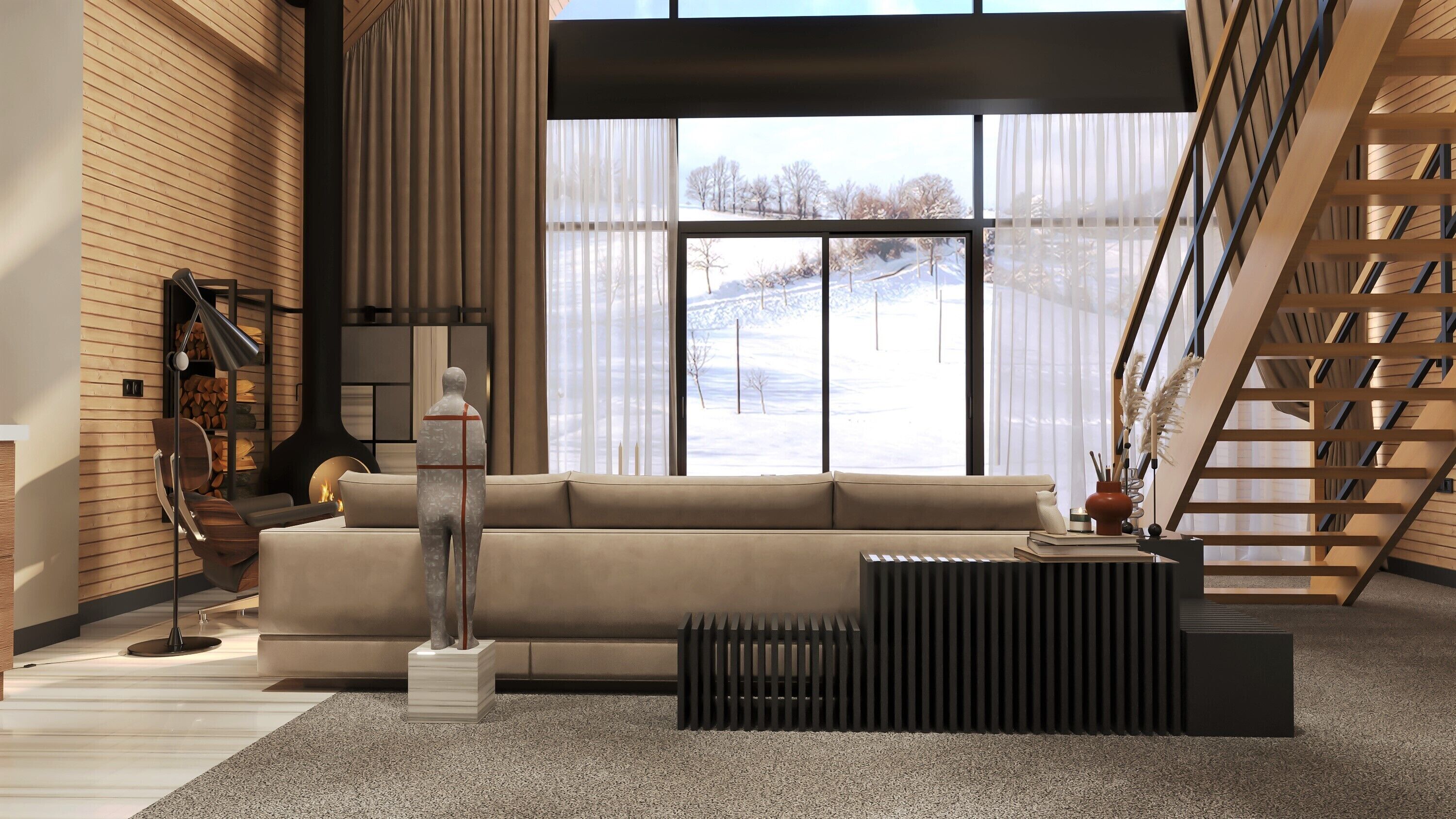 A modern living room with a beige sofa, a standing sculpture, a fireplace, and a large window with a view of a snowy landscape.