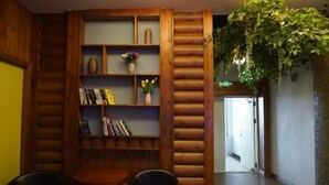 Zona de recepción con una estantería de madera, dos sillones y una planta colgante.