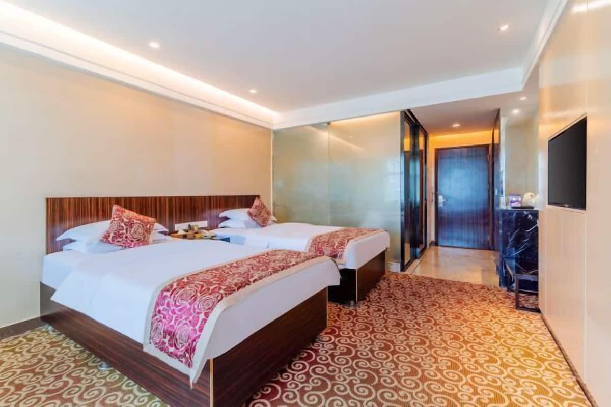 A hotel room with two beds, a large mirror, a flat-screen TV, and a patterned carpet.