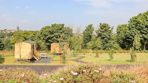 Una cabaña de madera con techo verde, rodeada de un jardín bien cuidado con plantas y árboles en flor.
