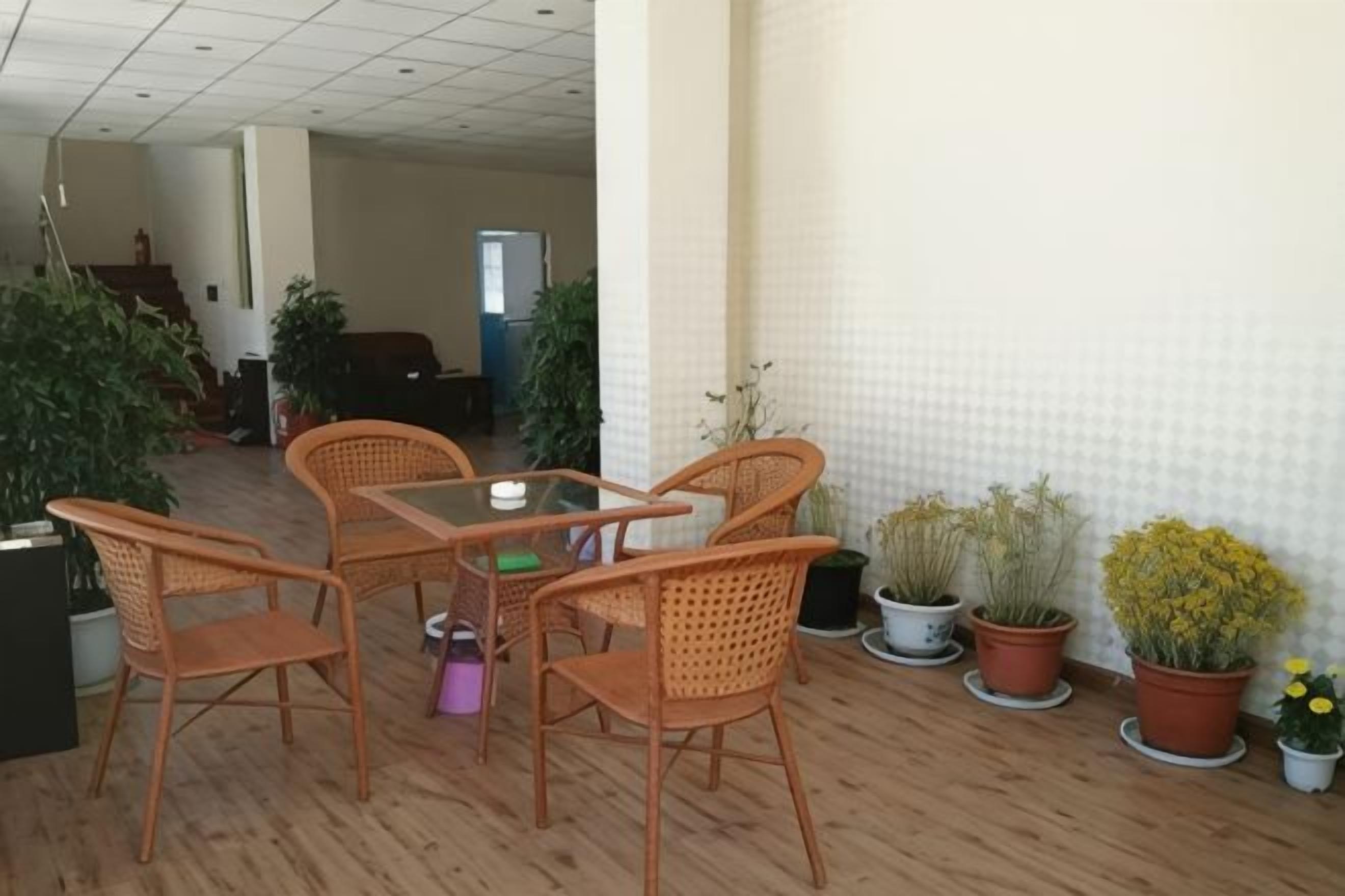 Une pièce avec un plancher en bois, une table en verre et des chaises en osier. Des plantes en pot sont disposées le long du mur.