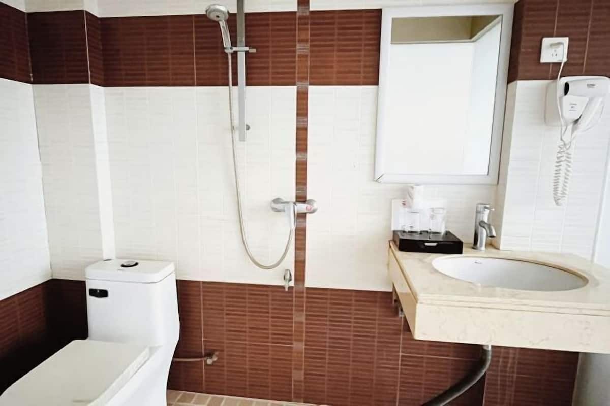A bathroom with a toilet, a sink, a mirror, and a shower.