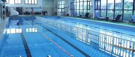 Una piscina interior con carriles delimitados, un trampolín y amplias ventanas.