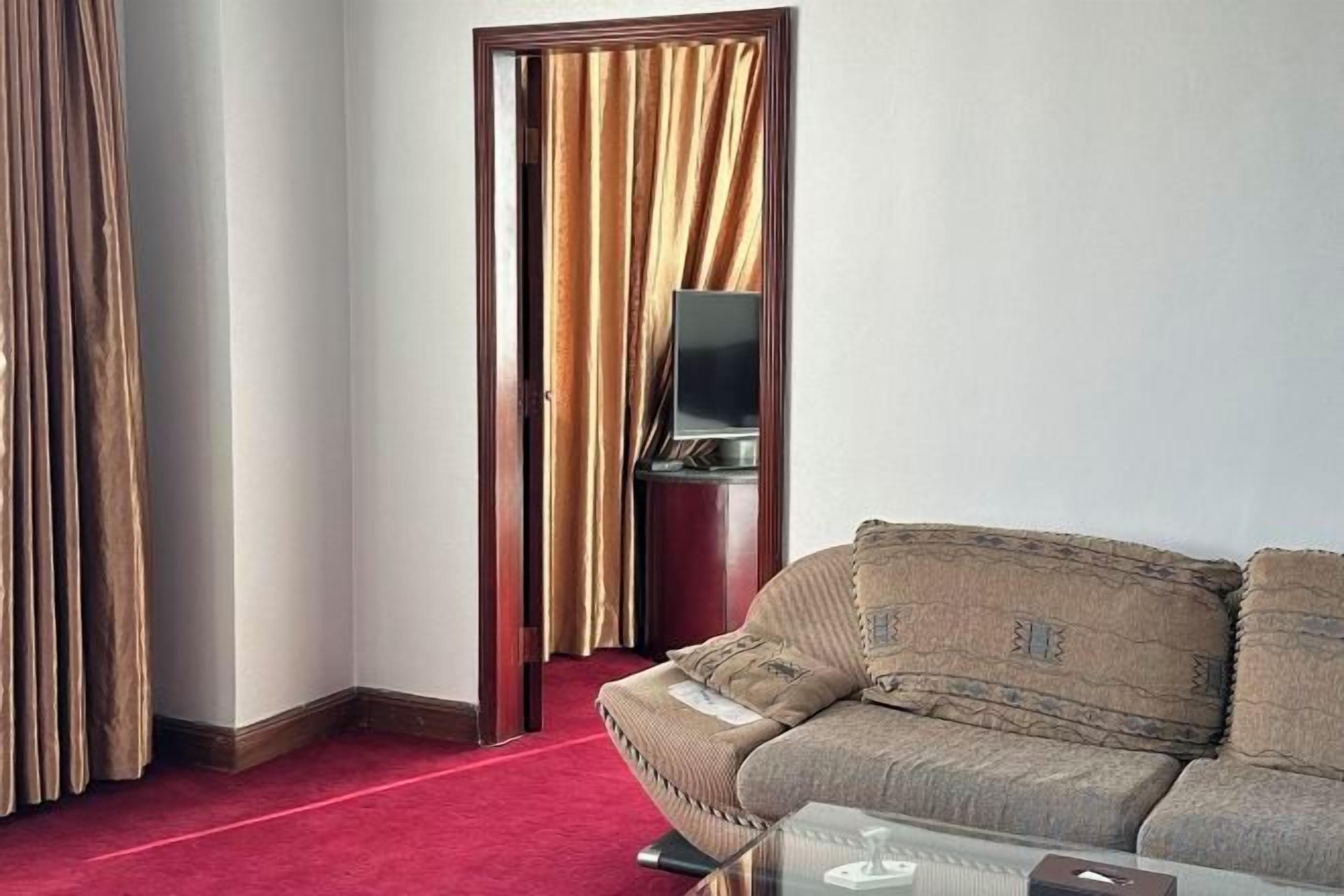 A hotel room with a sofa, a television, and a red carpet.