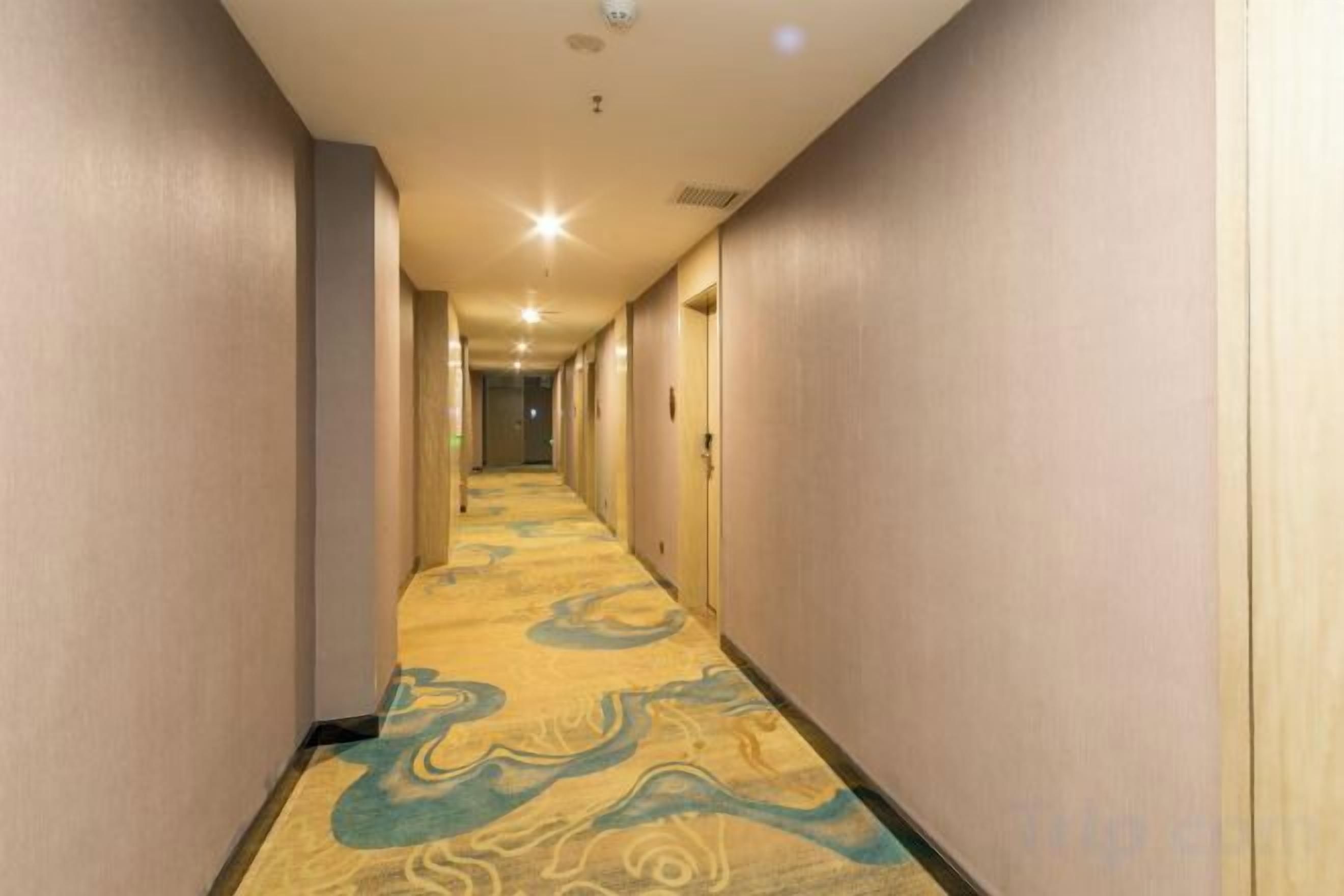 A hotel hallway with carpeted floors and doors on both sides.