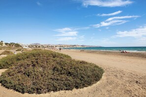 A beach with sand, sparse vegetation, and distant buildings.