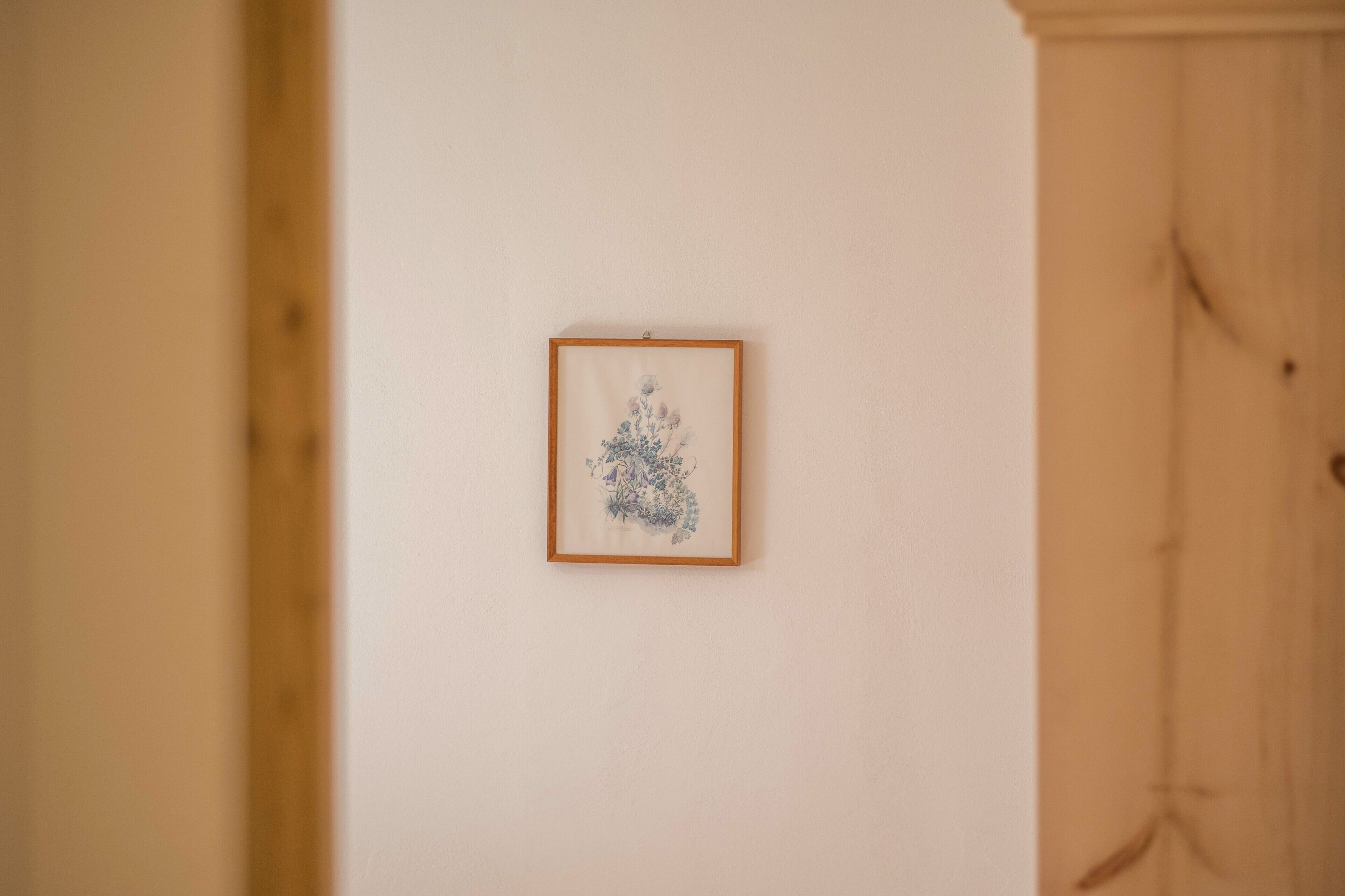 Una obra de arte enmarcada sobre una pared lisa.