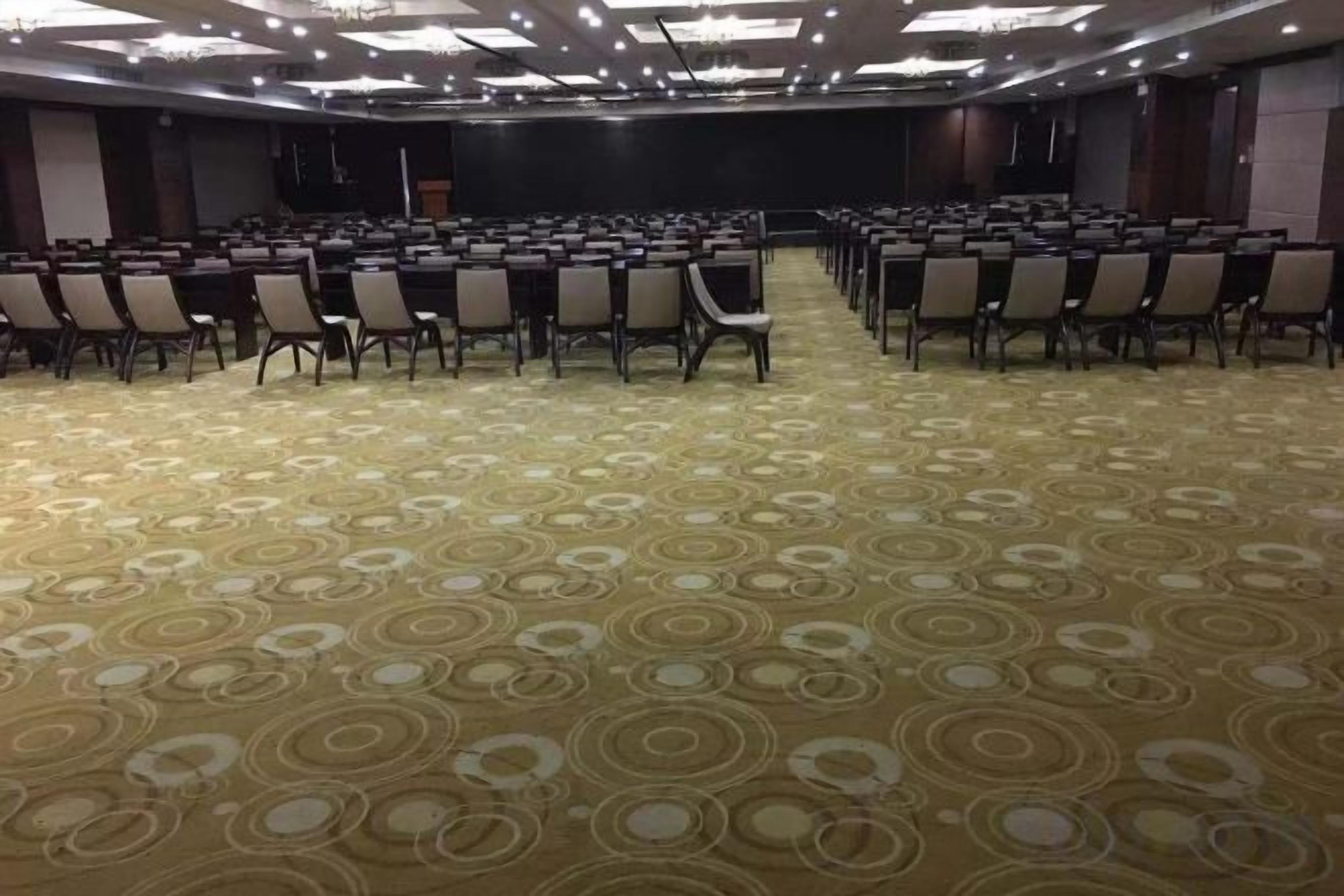 A conference room with rows of chairs and a carpeted floor.