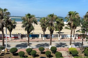A coastal road with palm trees, a beach in the distance, and a clear sky.
