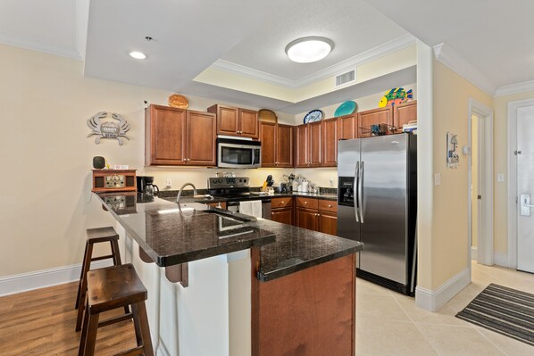 Fridge, microwave, oven, stovetop