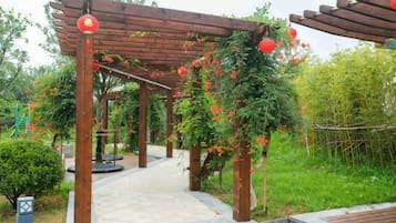 A wooden pergola structure with climbing plants and red flowers, a paved walkway, and a garden area with various plants.