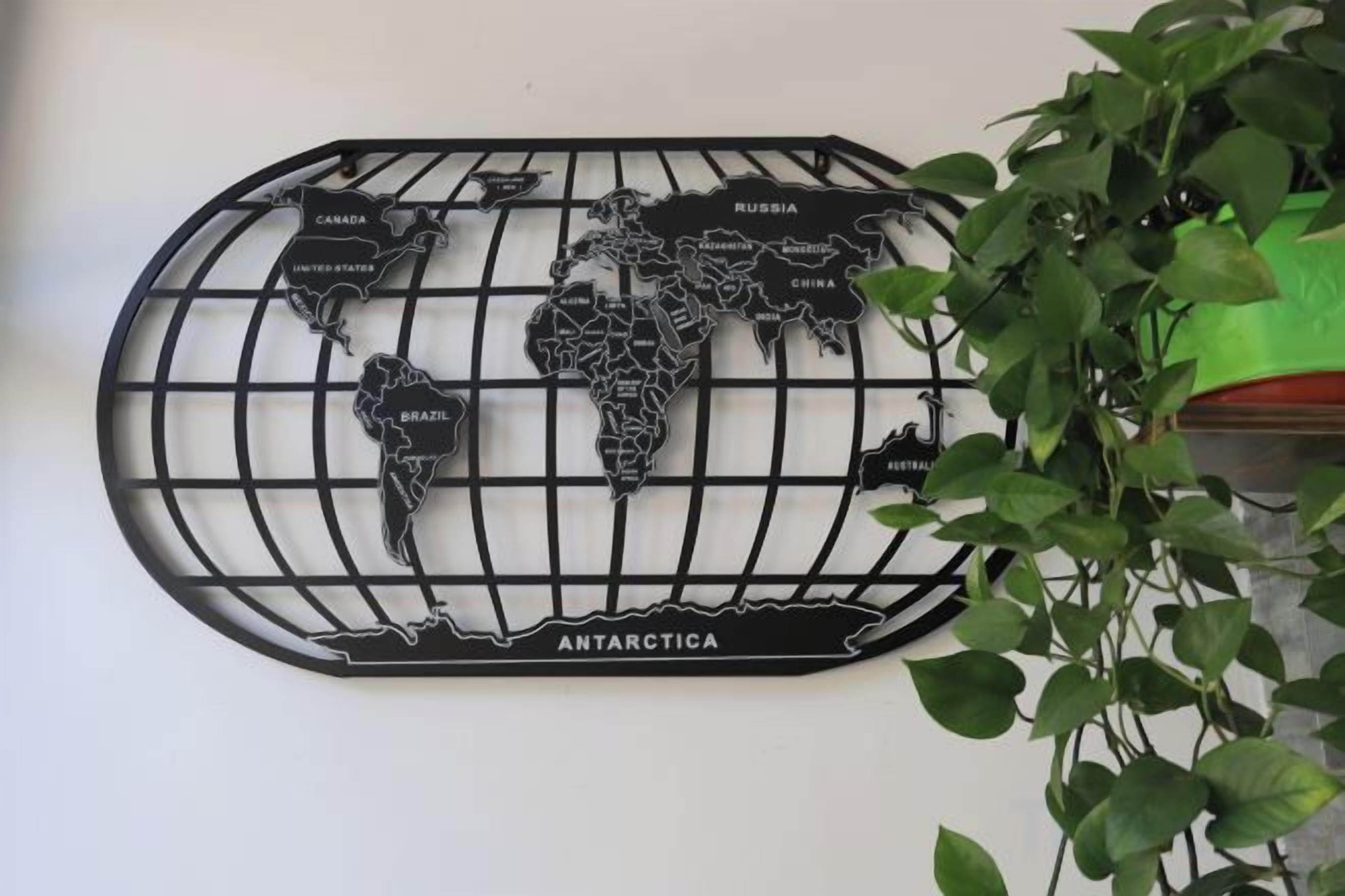 A world map wall decoration with country names.