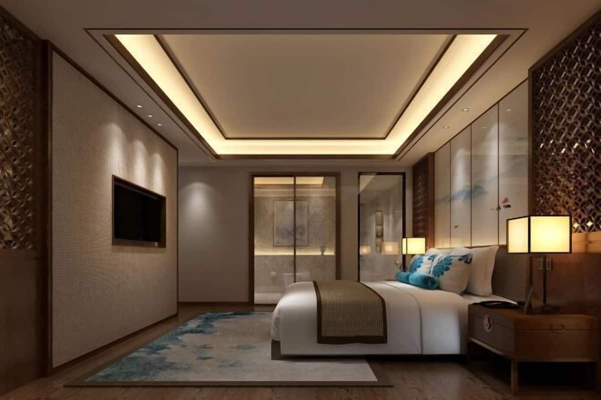 A modern bedroom with a large bed, bedside lamps, a TV, and a ceiling light.