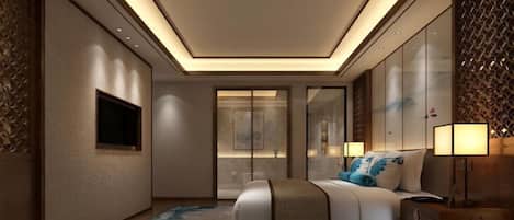 A modern bedroom with a large bed, bedside lamps, a TV, and a ceiling light.