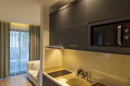 Frigobar, microondas, placa de cocina, utensilios de cocina