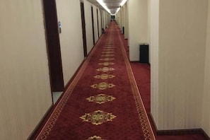 Un long couloir étroit, avec un tapis à motifs et des portes de chaque côté.