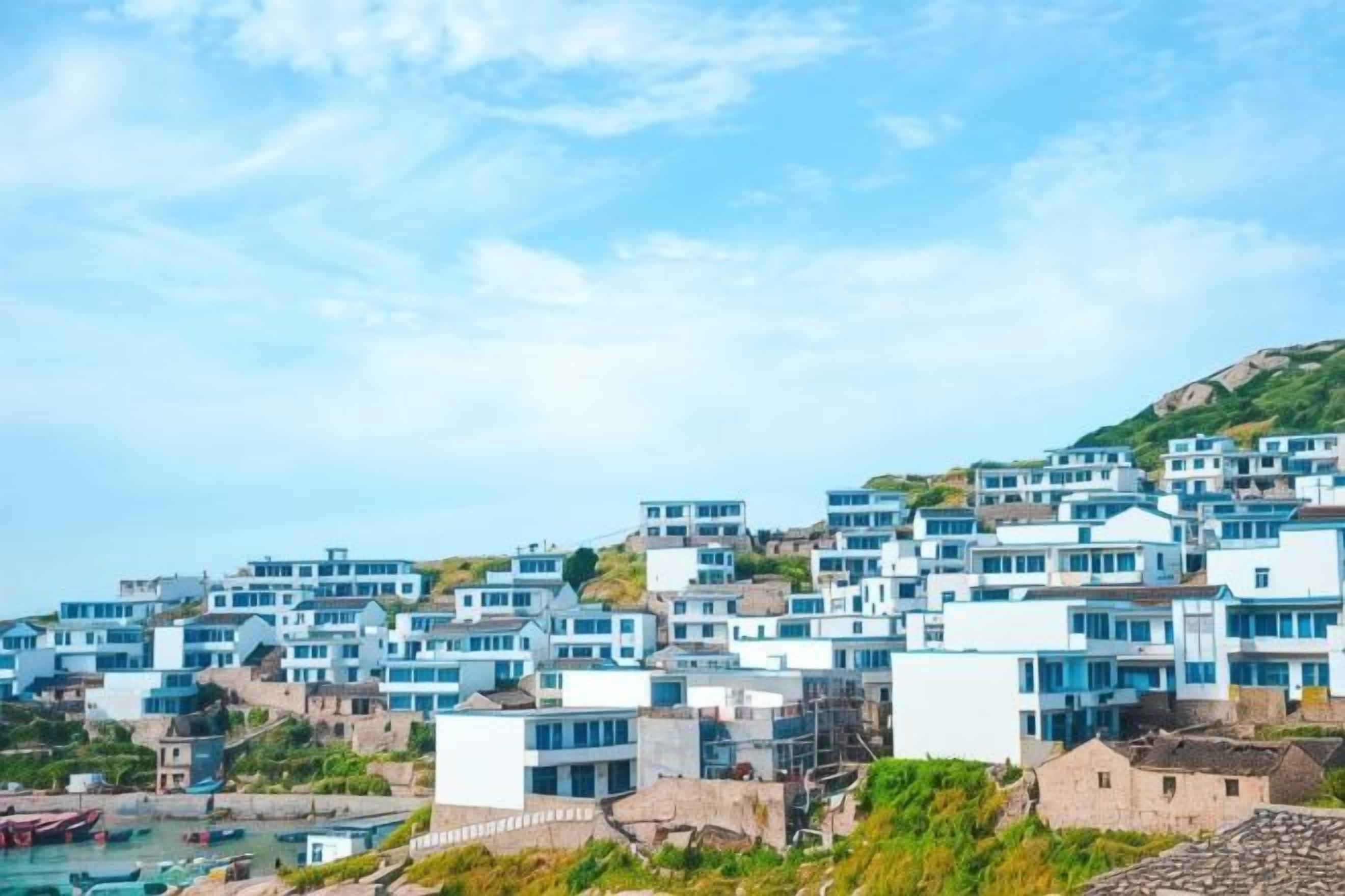 A coastal town with modern buildings, a clear sky, and a view of the sea.
